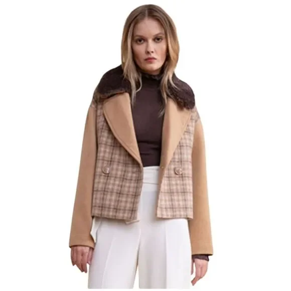 NWT Rachel Parcell Camel Plaid Cropped Coat Polyester Wool Blend Size XS - Picture 11 of 12